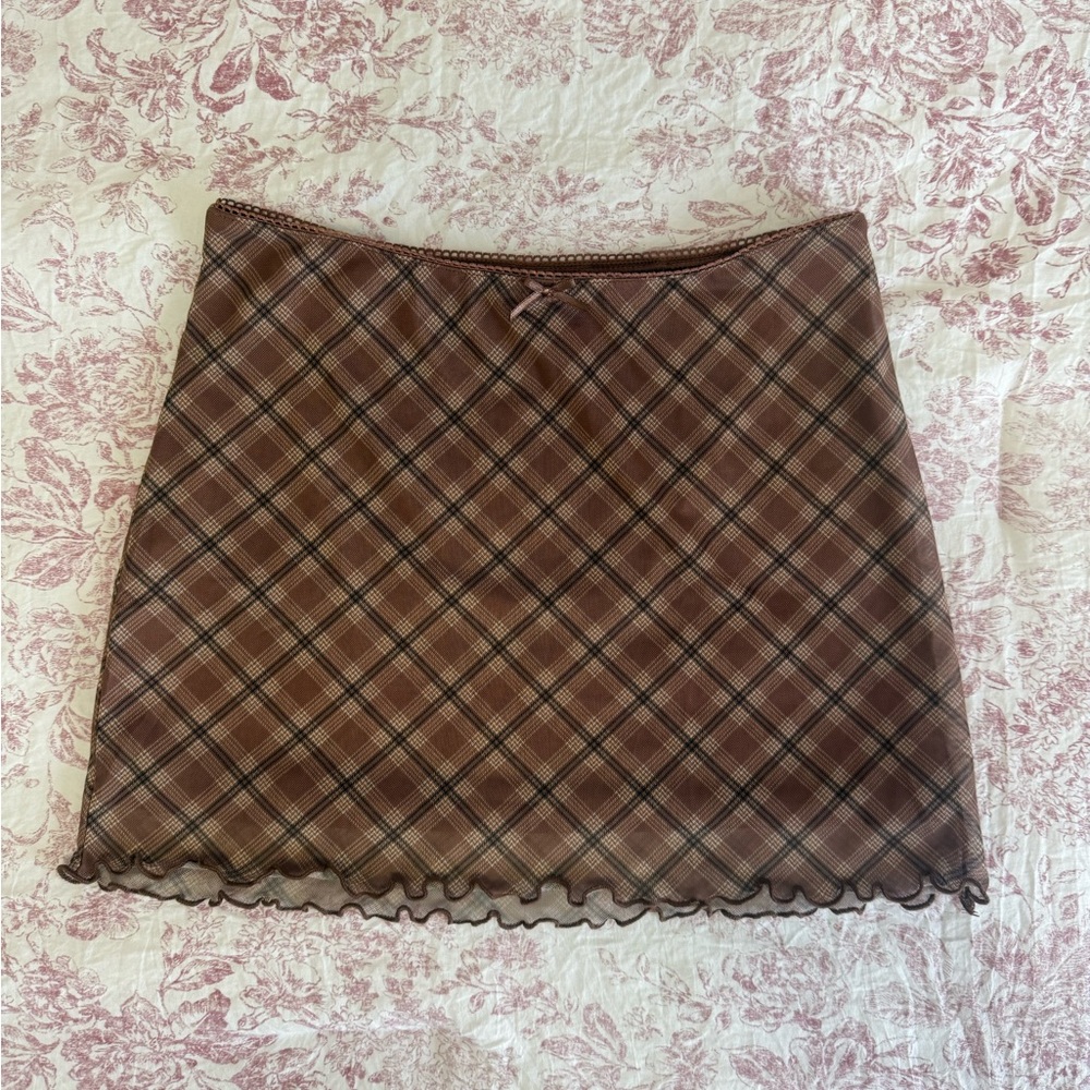Plaid Brown Mesh Mini Skirt